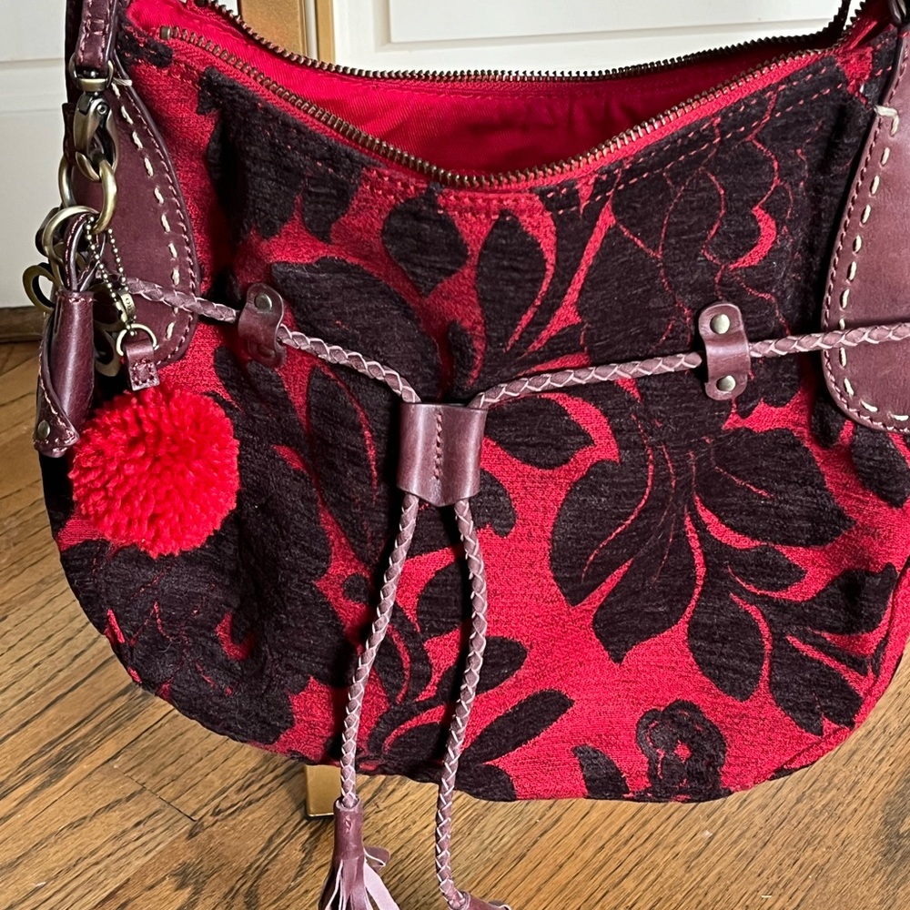 Oilily red and black floral fabric mixed with leather handbag